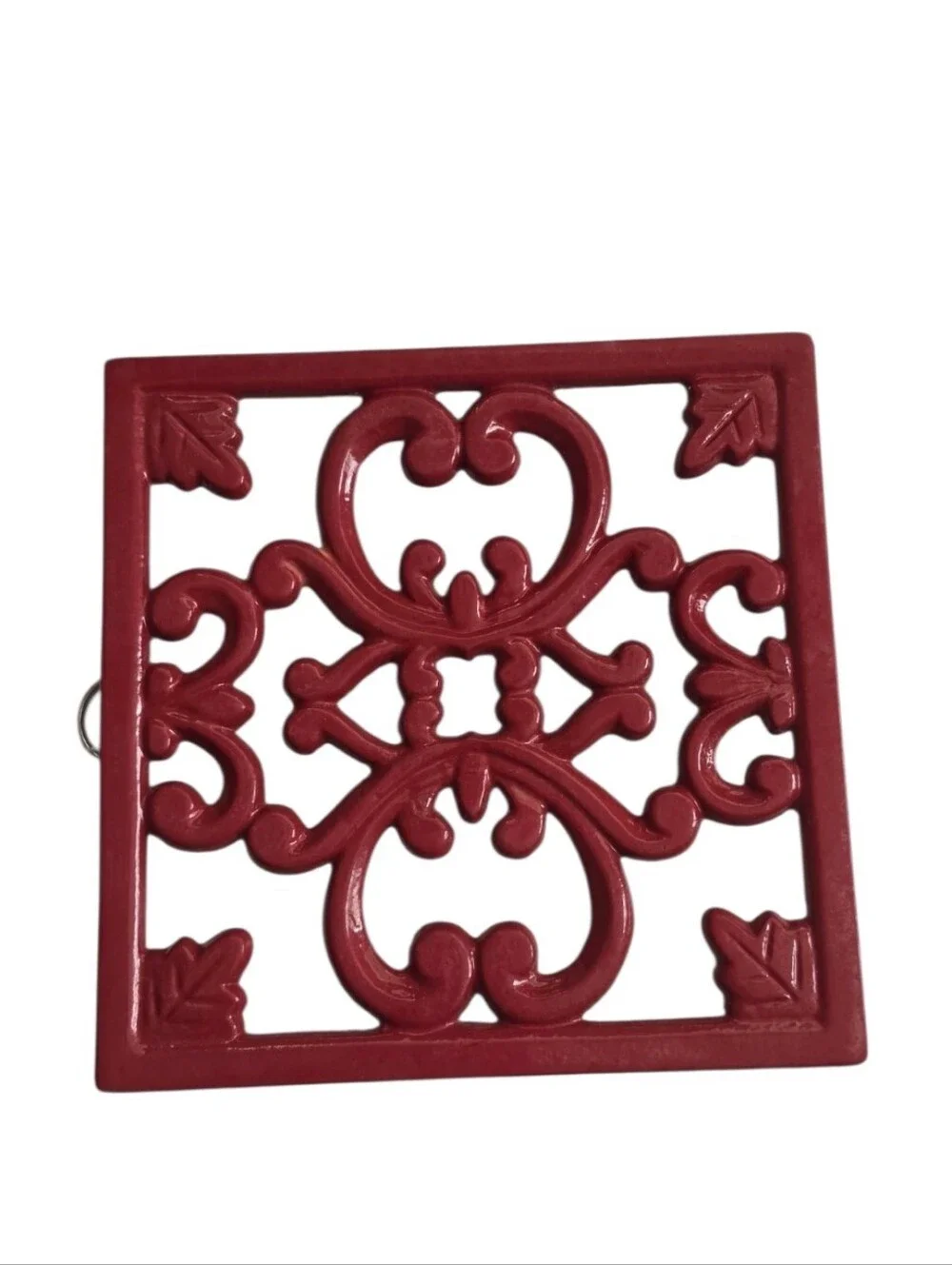 3 Pc Red Cast Iron Kitchen Set Utensil Holder Trivet Spoon Rest Scrollwork